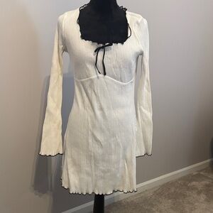 Divided White Long Sleeve Dress with Black Details